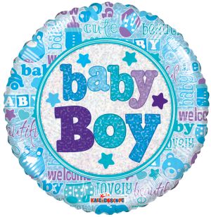 09" Baby Boy Holographic Balloon (Inflated with Cup and Stick)