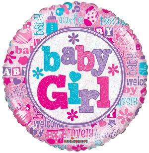 09" Baby Girl Holographic Balloon (Inflated with Cup and Stick)