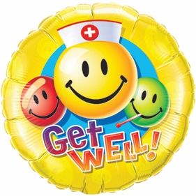 09" Get Well Smiley Faces Balloon (Inflated with Cup and Stick)