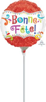 09" Bonne Fete Sparkle Balloon (Inflated with Cup and Stick)