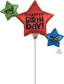 MiniShape Satin Star Trio Birthday Balloon (Inflated with Cup and Stick)