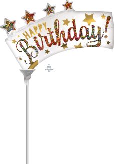 MiniShape Satin Happy Birthday Glitter Banner Balloon (Inflated with Cup and Stick)