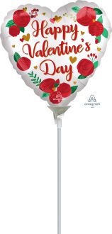 04" Satin Happy Valentines Day Roses Balloon (Inflated with Cup and Stick)