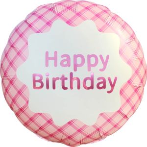 18" Happy Birthday Plaid Pink Balloon