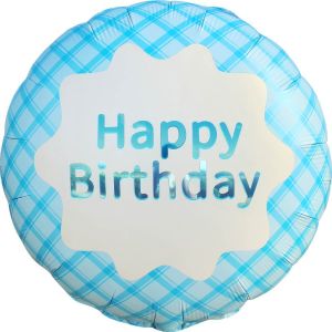 18" Happy Birthday Plaid Blue Balloon