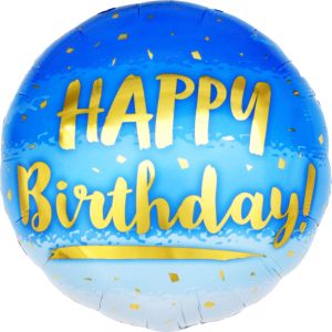 18" Happy Birthday Gold Print on Blue Balloon