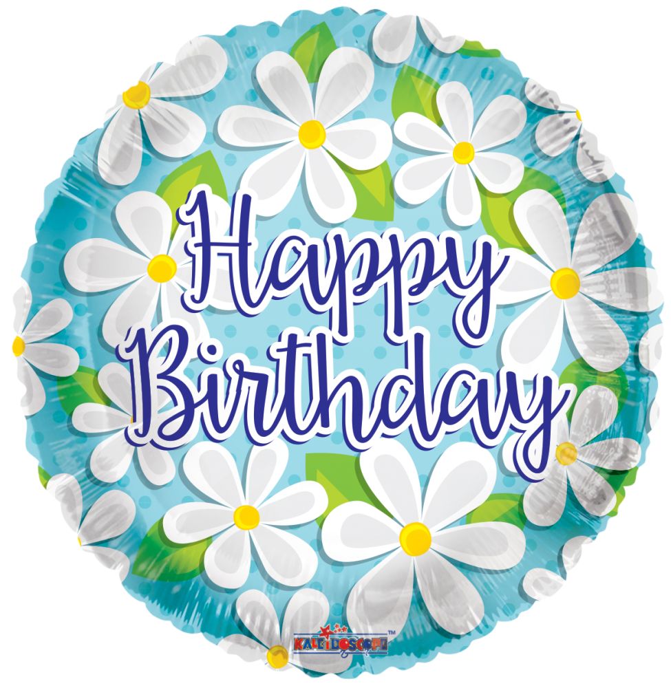 09" Happy Birthday White Daisies Balloon (Inflated with Cup and Stick)