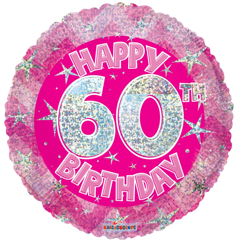 18" Holographic Pink Happy 60th Birthday Balloon