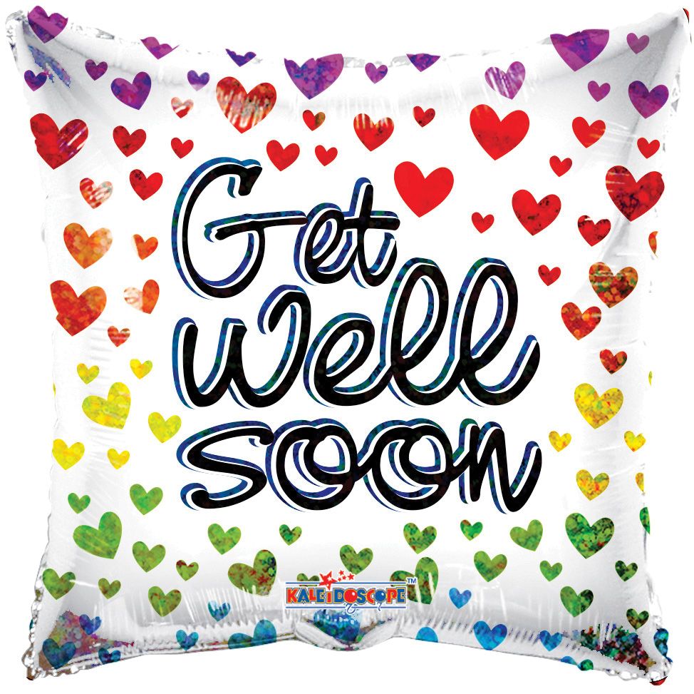 09" Holographic Get Well Hearts Balloon (Inflated with Cup and Stick)