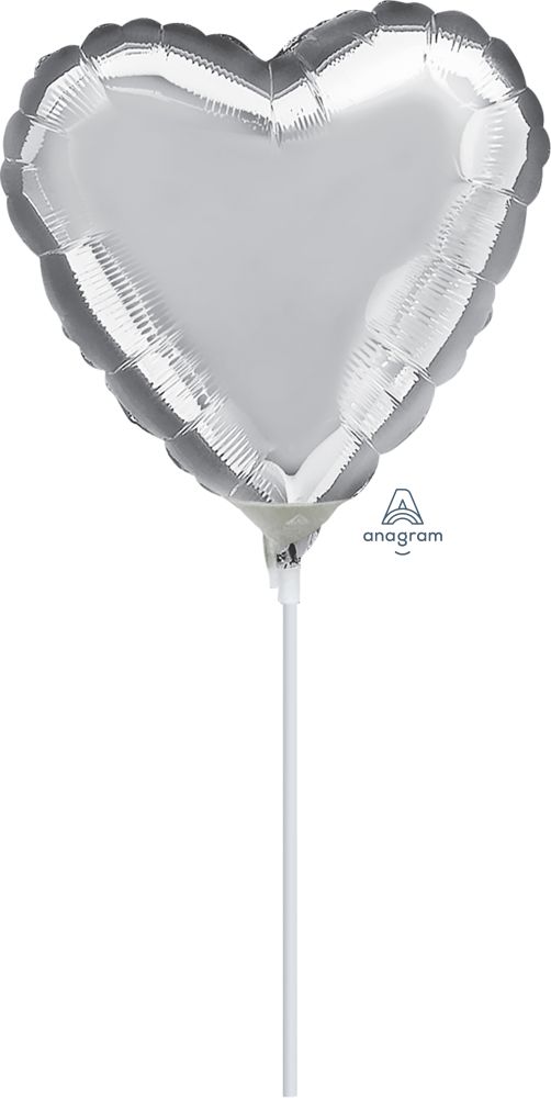 09" Silver Heart Balloon (Inflated with Cup and Stick)