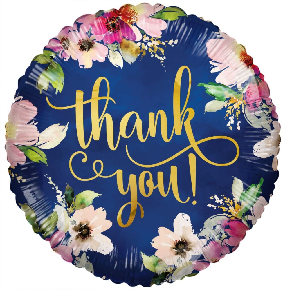 09" Thank You Flowers On Blue Balloon (Inflated with Cup and Stick)