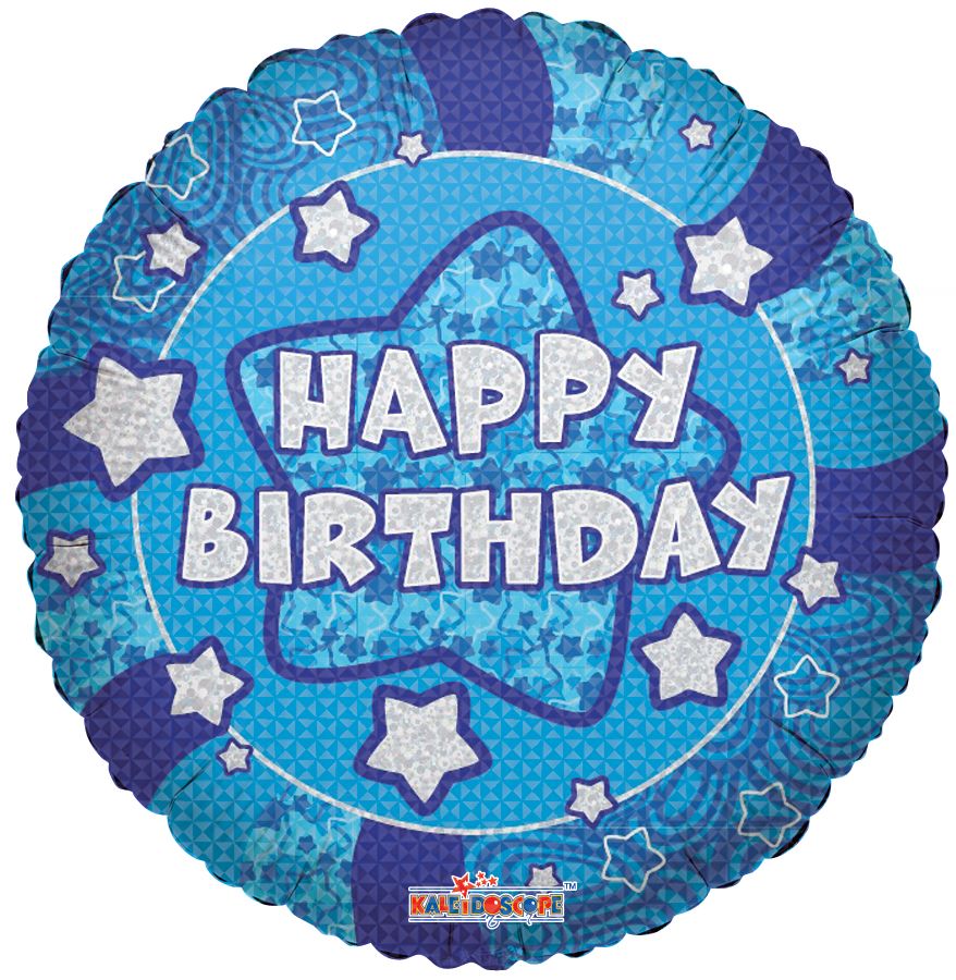 18" Holographic Blue Happy Birthday Stars Balloon