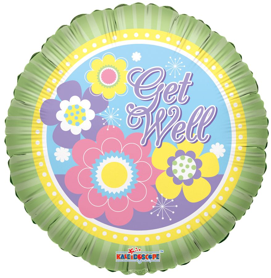 09" Get Well Flowers And Lines Balloon (Inflated with Cup and Stick)
