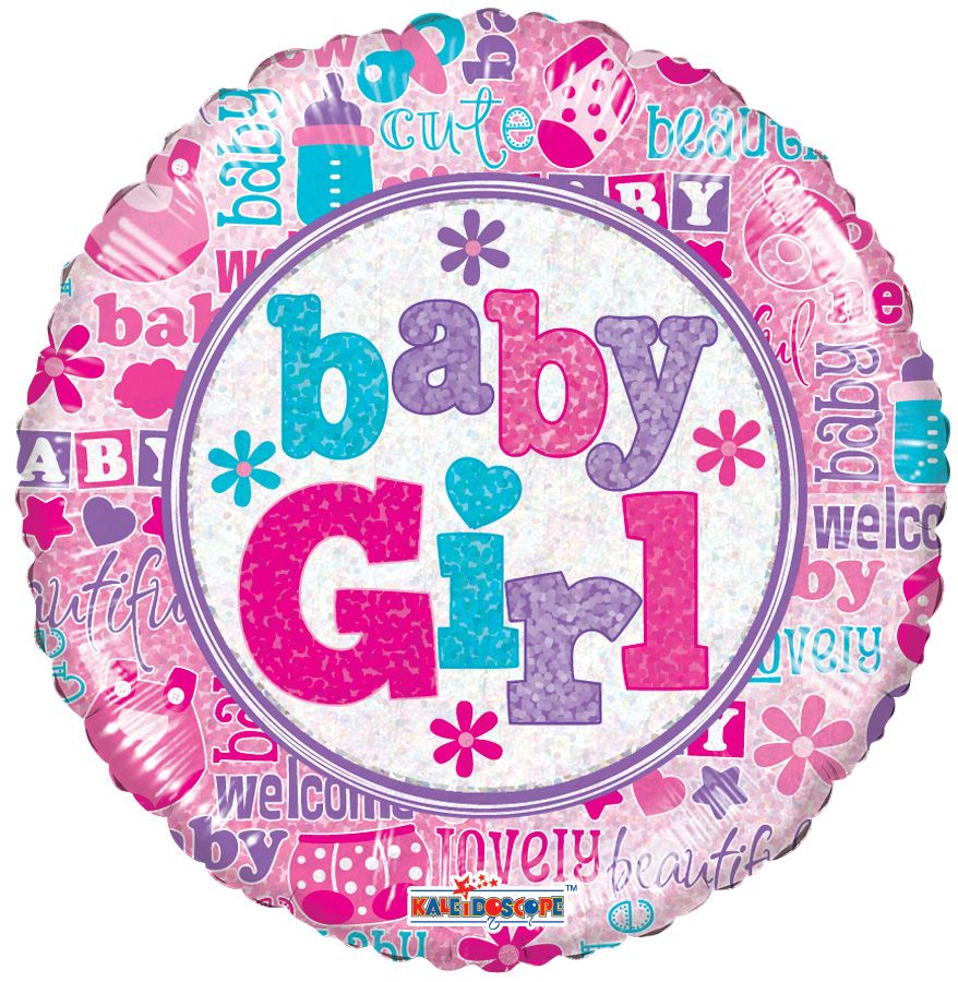09" Baby Girl Holographic Balloon (Inflated with Cup and Stick)