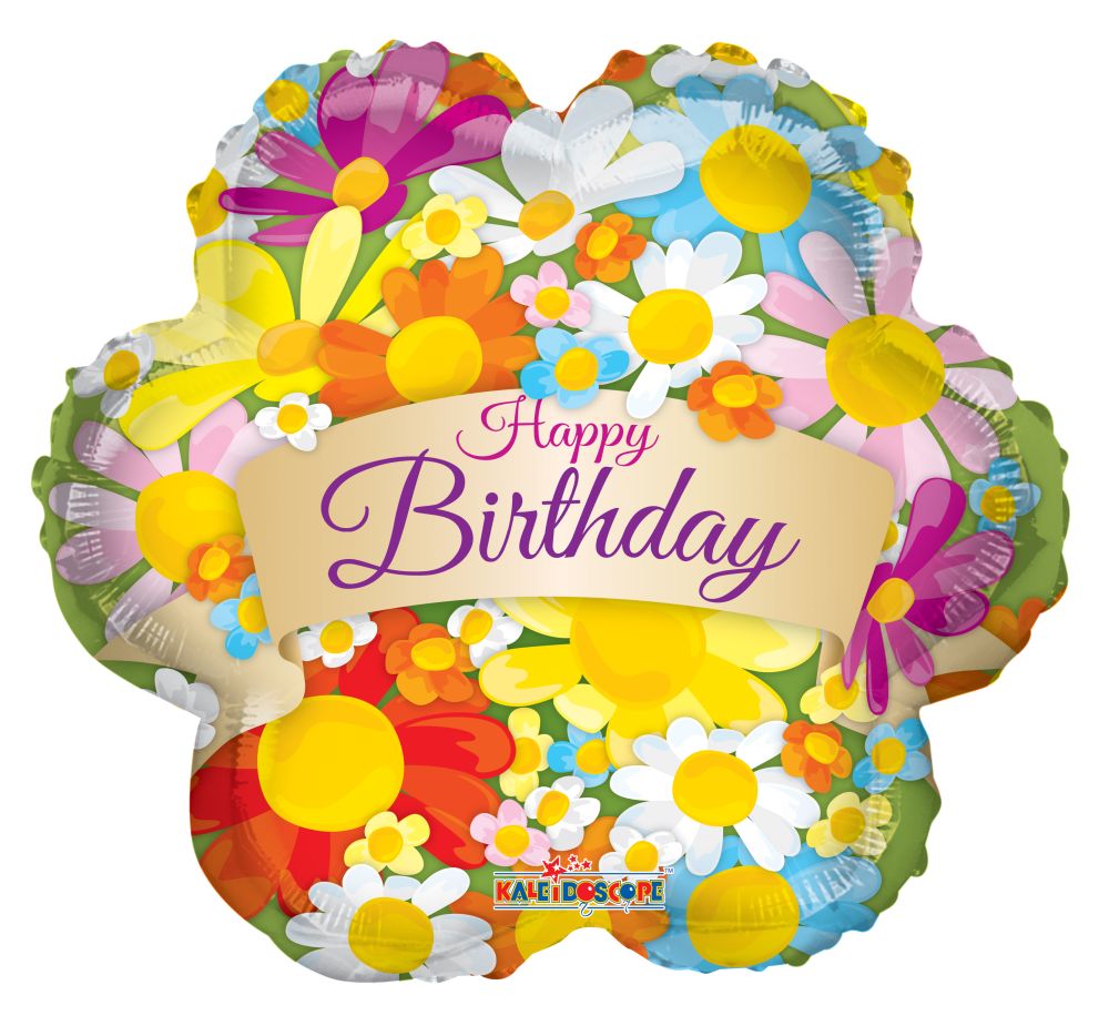 09" Happy Birthday Flowers With Banner Balloon (Inflated with Cup and Stick)