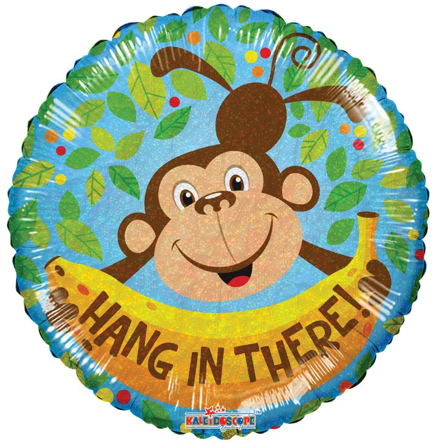 09" Hang In There Monkey Holographic Balloon (Inflated with Cup and Stick)
