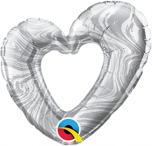 Mini Shape Open Marble Heart Silver Balloon (Inflated with Cup and Stick)
