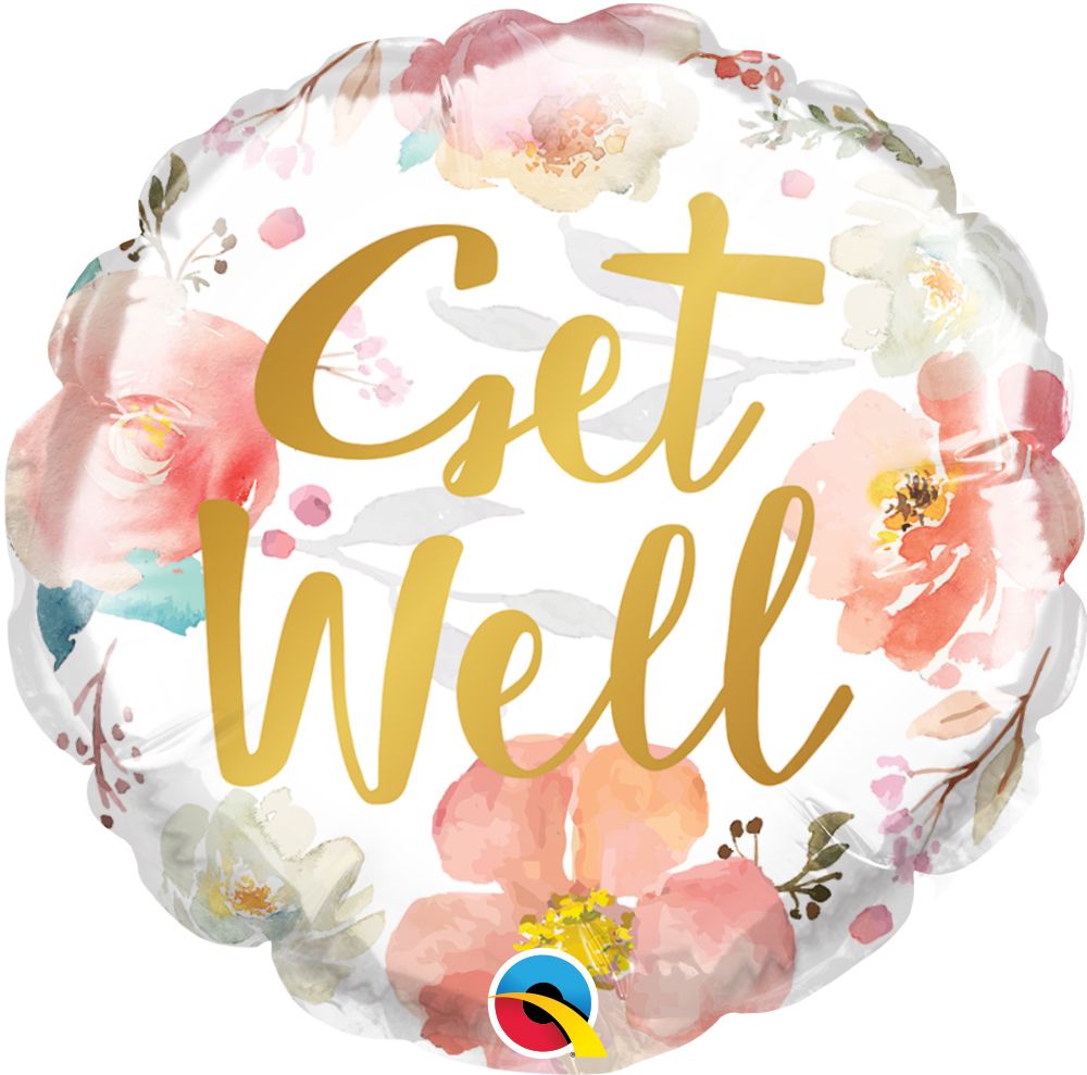 04" Get Well Watercolor Floral Balloon (Inflated with Cup and Stick)
