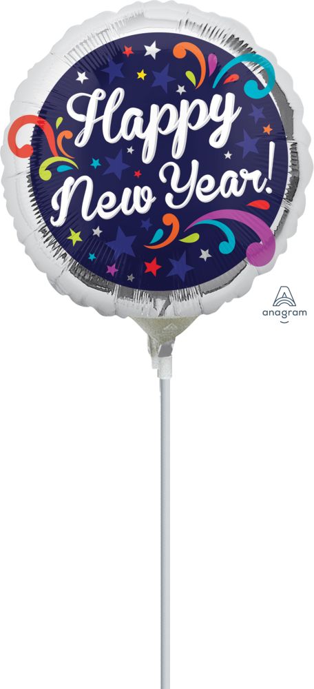 04" Happy New Year Swirls Balloon (Inflated with Cup and Stick)