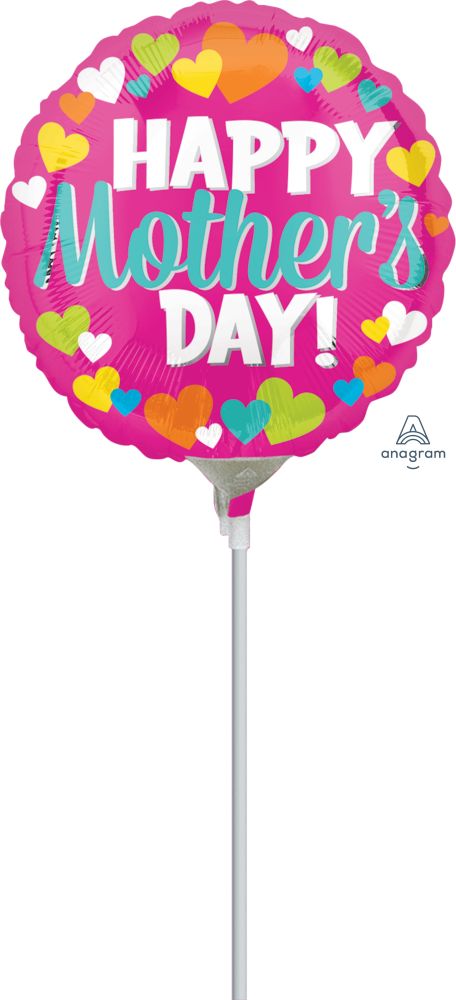 09" Happy Mothers Day Hearts Balloon (Inflated with Cup and Stick)