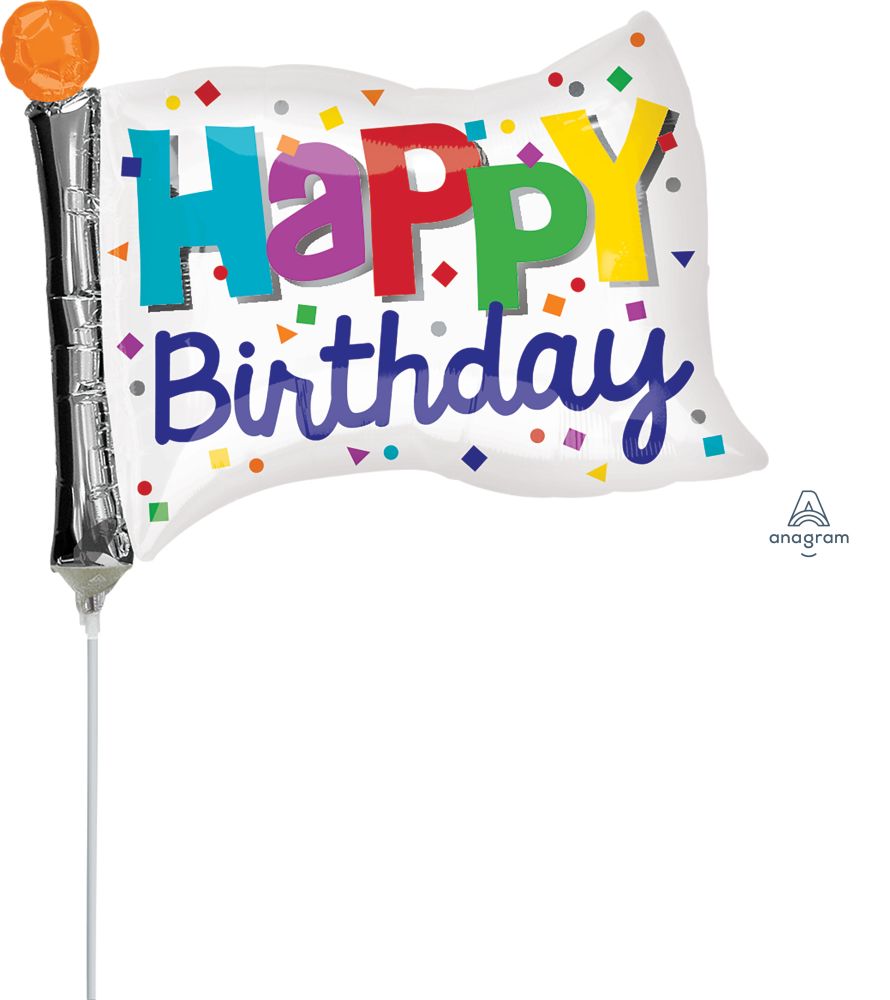 Mini Shape Happy Birthday Flag Balloon (Inflated with Cup and Stick)