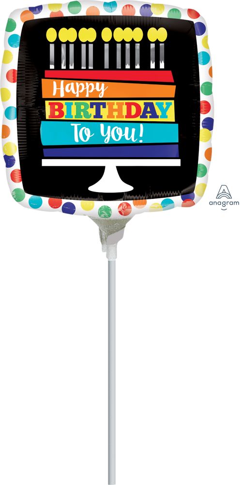 09" Happy Birthday Rainbow Cake Balloon (Inflated with Cup and Stick)