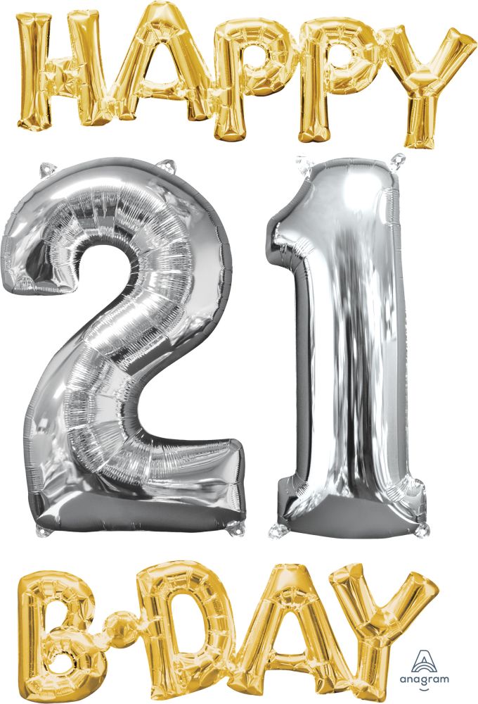 Phrase Kit Happy Bday 21 Gold and Silver Balloon
