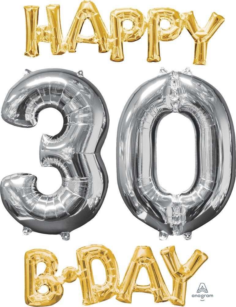 Phrase Kit Happy Bday 30 Gold and Silver Balloon