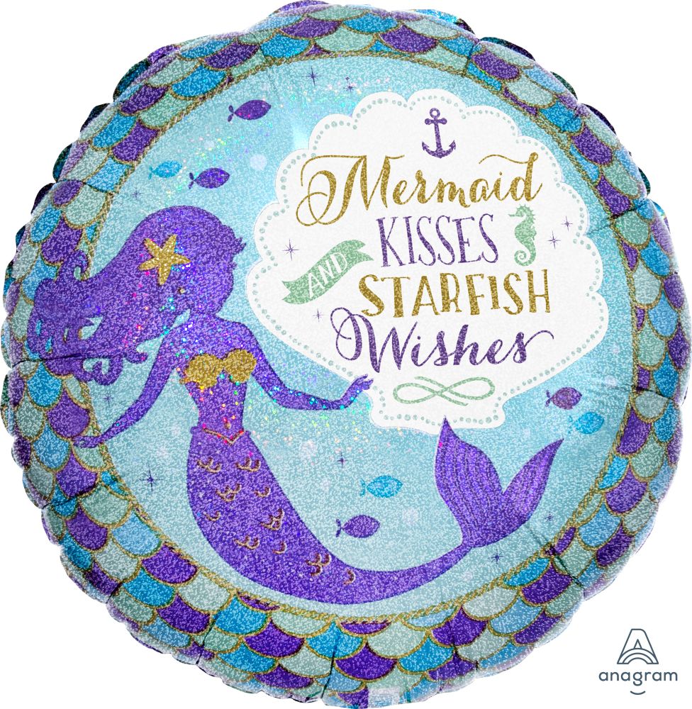 18" Holographic Mermaid Wishes & Kisses Balloon