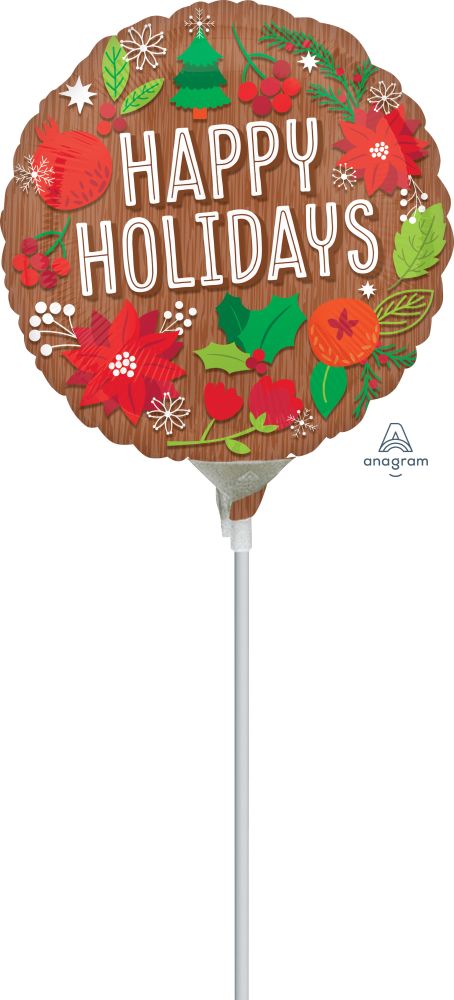 09" Woodgrain Happy Holidays Balloon (Inflated with Cup and Stick)