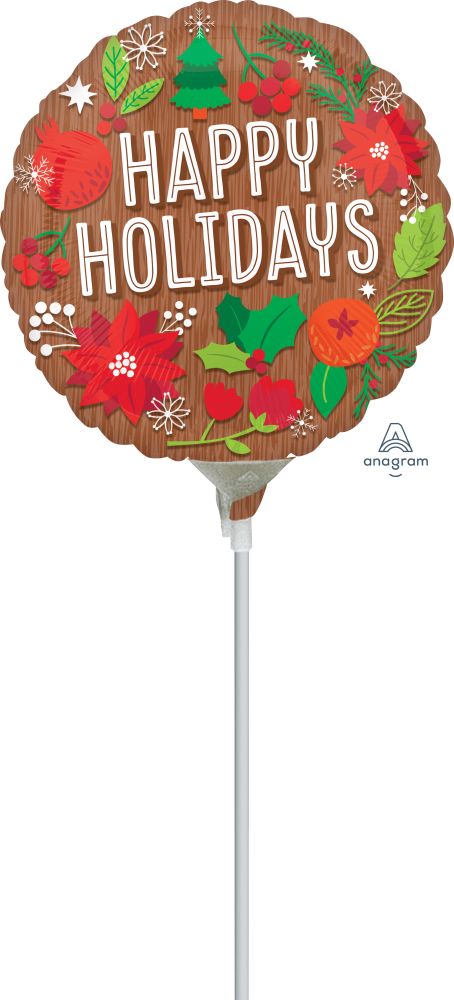 04" Woodgrain Happy Holidays Balloon (Inflated with Cup and Stick)