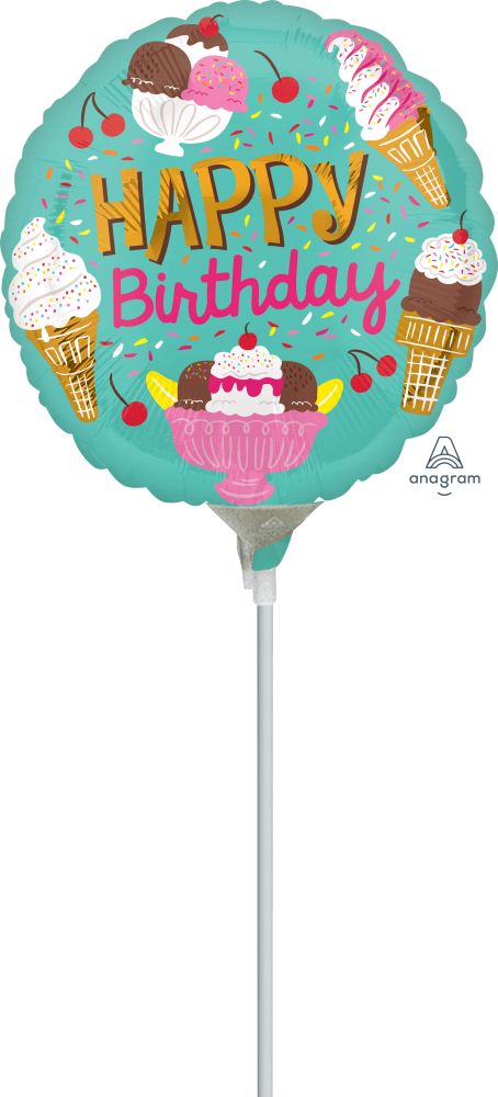 09" Ice Cream Party Happy Birthday Balloon (Inflated with Cup and Stick)