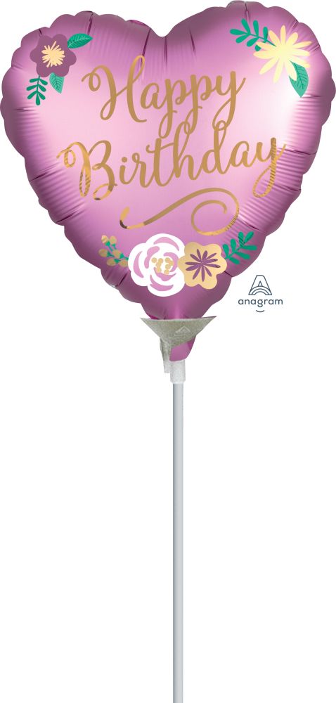 09" Birthday Satin Flowers Balloon (Inflated with Cup and Stick)