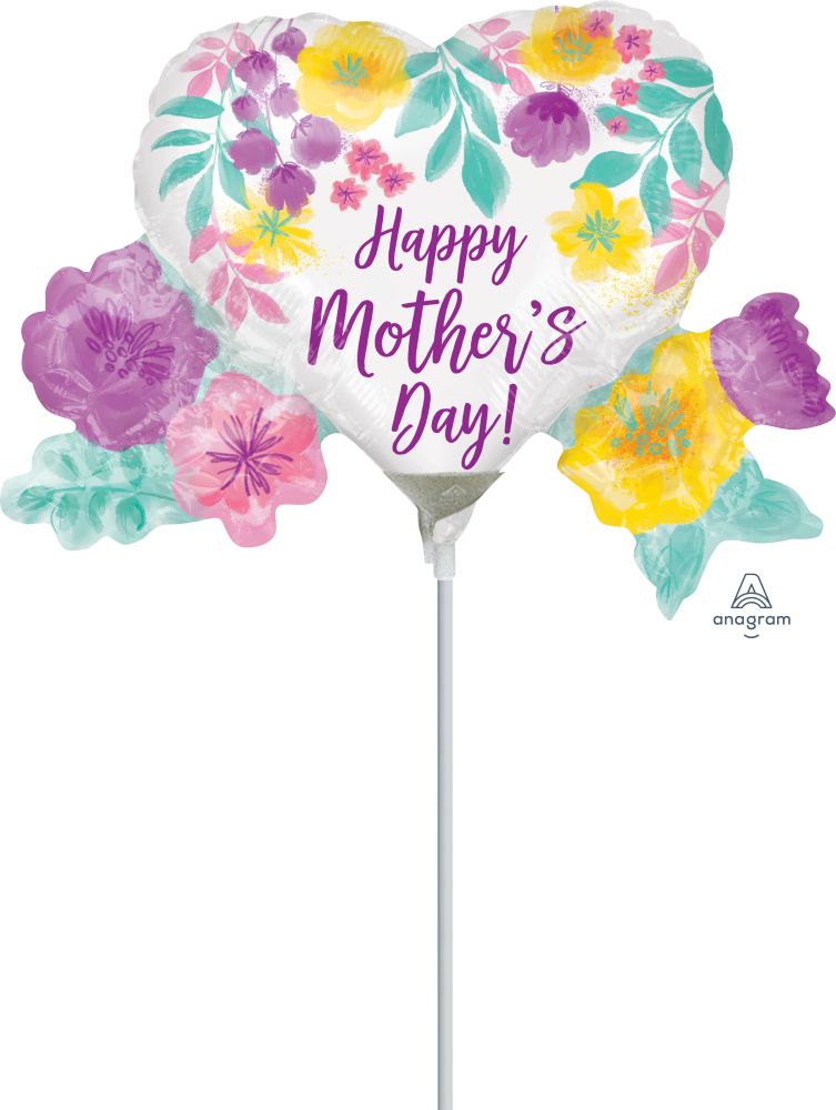 Mini Shape Happy Mothers Day Watercolor Flowers Balloon (Inflated with Cup and Stick)