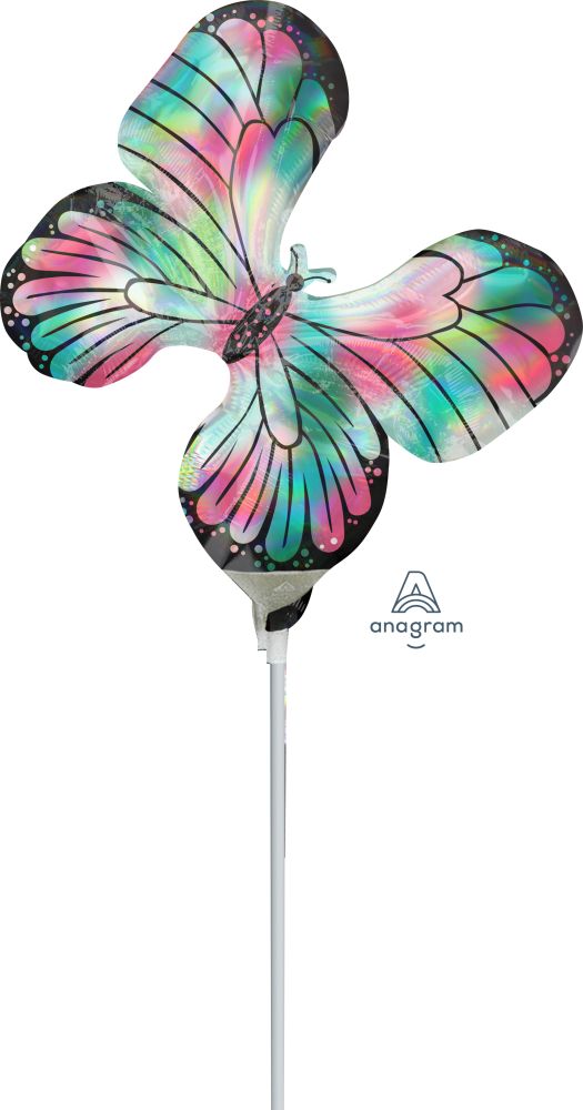 Mini Shape Iridescent Teal & Pink Butterfly Balloon (Inflated with Cup and Stick)