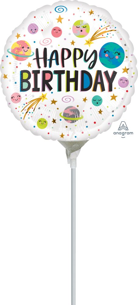 09" Smiling Galaxy Happy Birthday Balloon (Inflated with Cup and Stick)