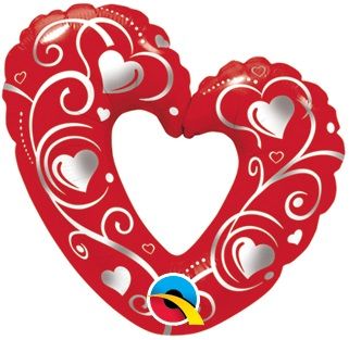 14" Hearts and Filigree Red Balloon (Inflated with Cup and Stick)