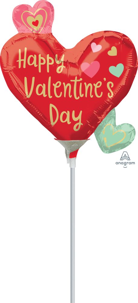 MiniShape Happy Valentines Day Heart Trio Balloon (Inflated with Cup and Stick)