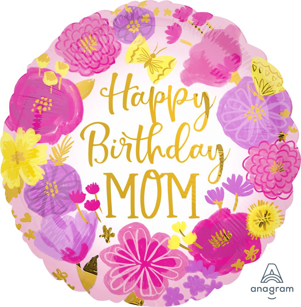 18" Happy Birthday Mom Painted Flowers Balloon