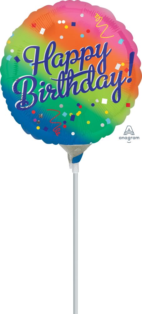 09" Happy Birthday Fancy Type Rainbow Balloon (Inflated with Cup and Stick)