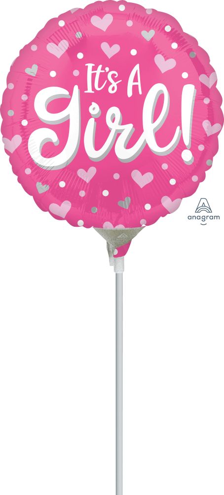 09" Its A Girl Hearts and Dots Balloon (Inflated with Cup and Stick)