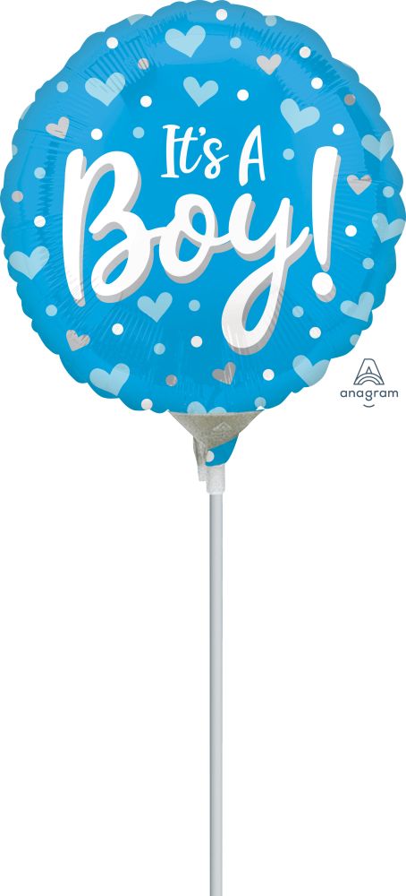 09" Its A Boy Hearts and Dots Balloon (Inflated with Cup and Stick)