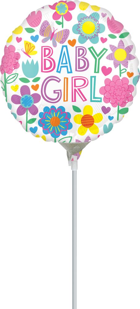 09" Baby Girl Floral Butterfly Balloon (Inflated with Cup and Stick)