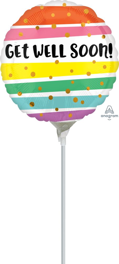 09" Get Well Bold Stripes Balloon (Inflated with Cup and Stick)