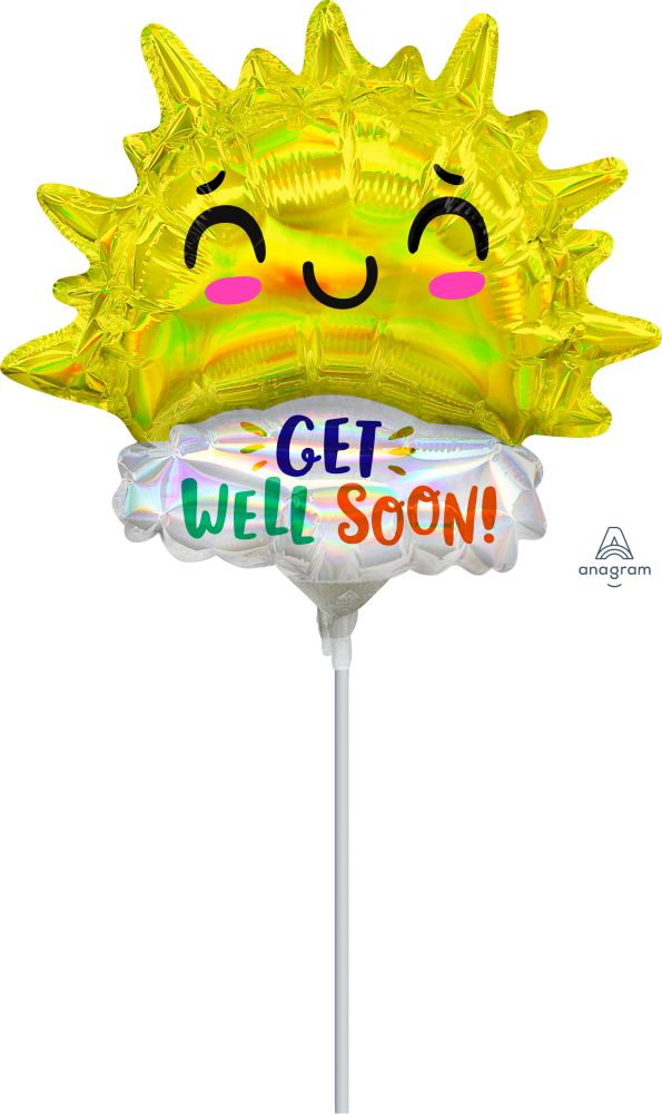 MiniShape Iridescent Get Well Happy Sun Balloon (Inflated with Cup and Stick)