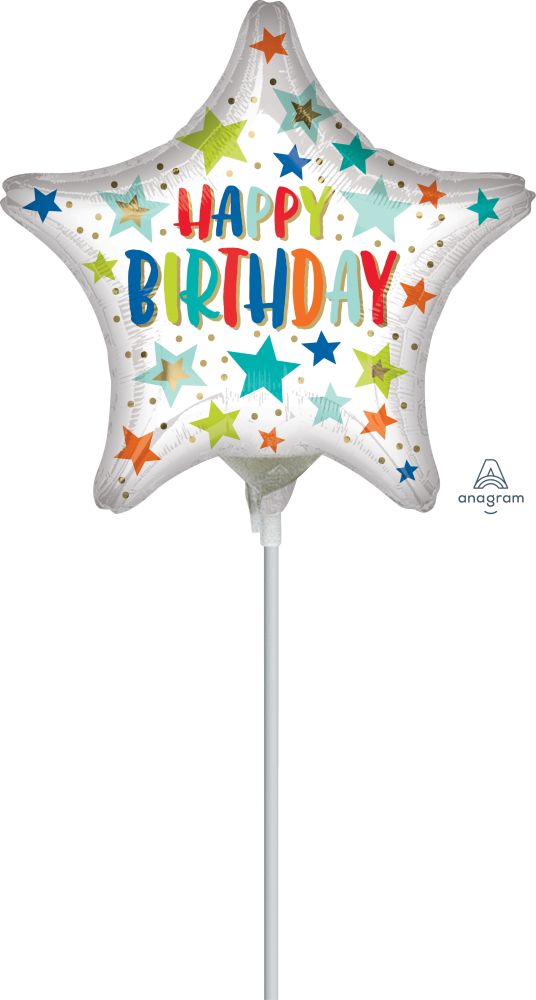 09" Happy Birthday Stars and Dots Balloon (Inflated with Cup and Stick)
