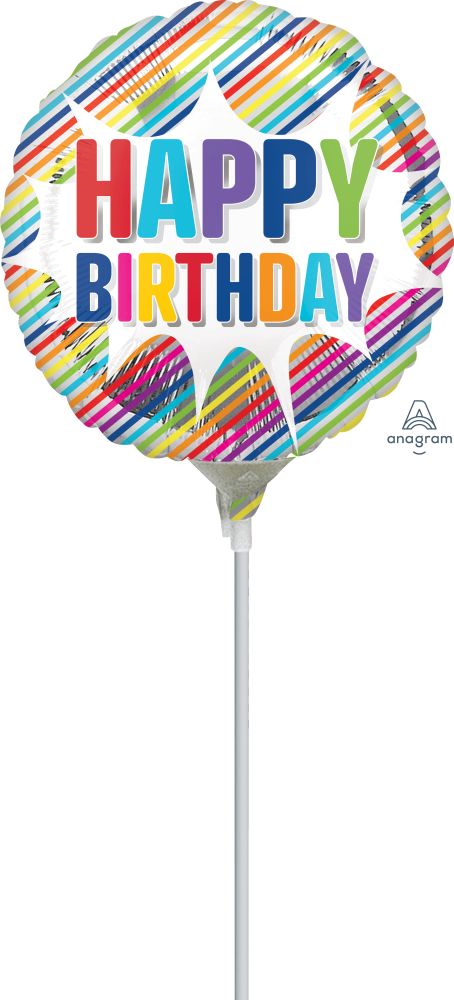 09" Happy Birthday Striped Burst Balloon (Inflated with Cup and Stick)
