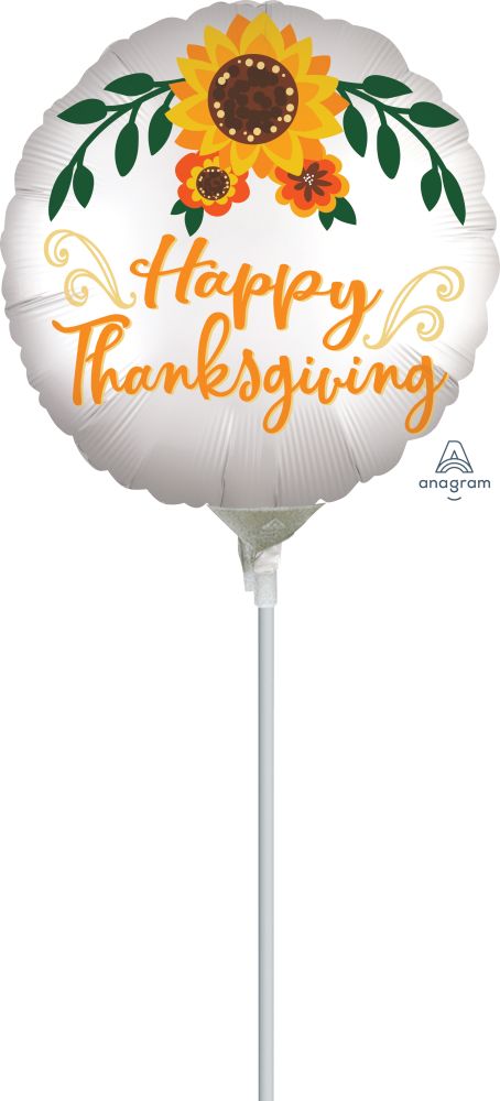 09" Happy Thanksgiving Satin Infused Floral Balloon (Inflated with Cup and Stick)