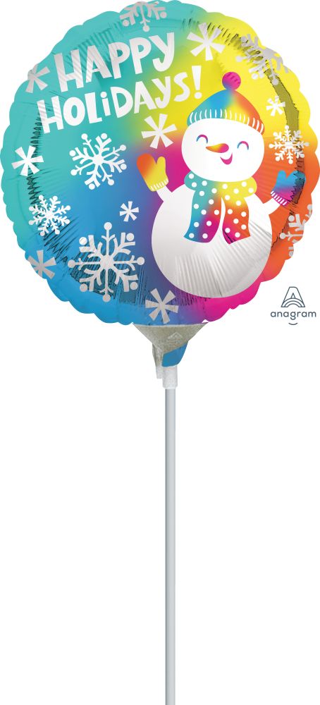 09" Happy Holidays Satin Snowman Balloon (Inflated with Cup and Stick)