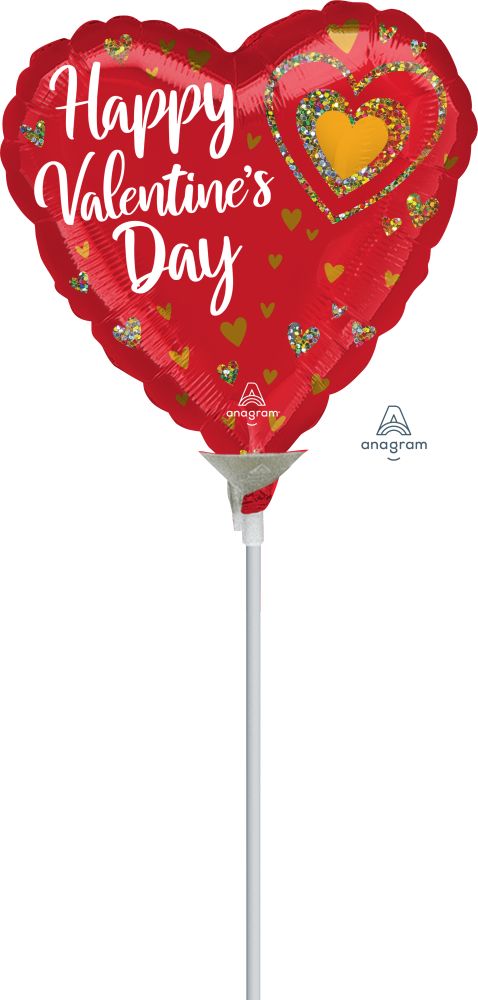 04" Happy Valentines Day Glitter Hearts Balloon (Inflated with Cup and Stick)
